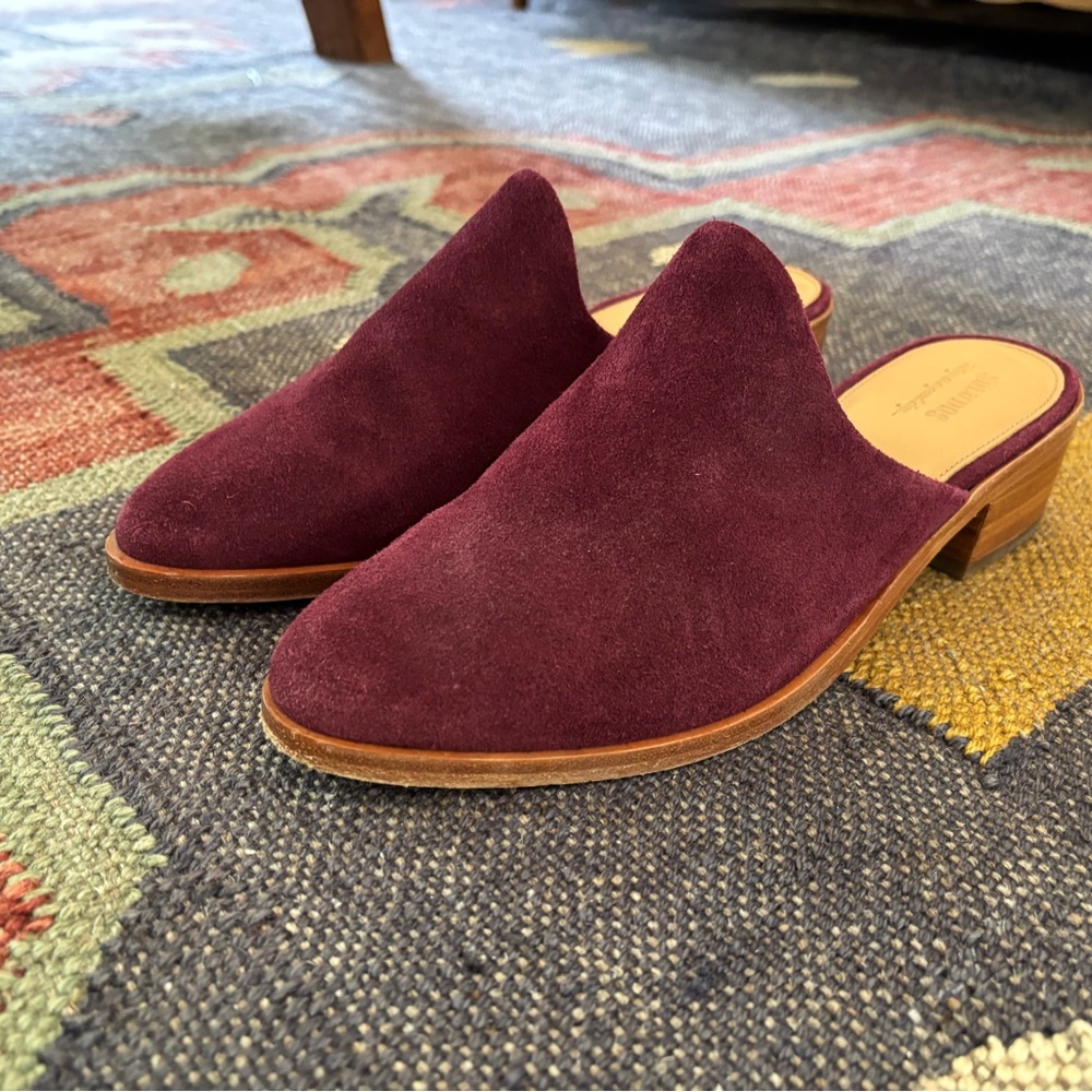 Soludos The Venetian Mule in Maroon Suede with Wooden Heel
